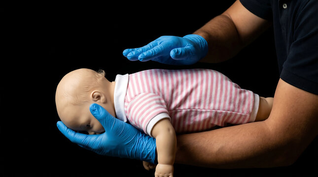 First aid instructor demonstrating back blows for infant choking relief using a baby training mannequin against a black background.