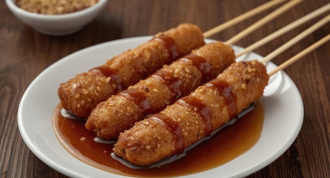 Skewered fried saba bananas with sweet brown sugar glaze Filipino treat