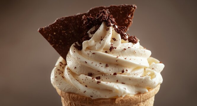 Light whipped ice cream nestled in a cone with a crunchy chocolate flake