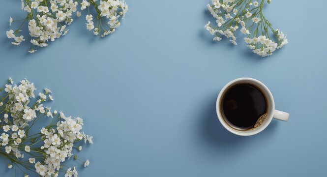 Flat lay of a cozy breakfast featuring coffee and gypsophila blooms on blue surface