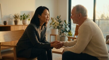 Obraz premium Young Asian woman and older Caucasian man holding hands, conversing respectfully. A warm, modern room emphasizes human connection and care.