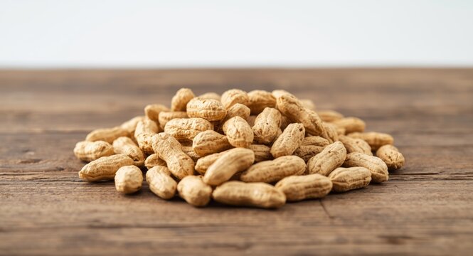 Close up of unshelled peanuts piled on a rustic wooden table with a clean white backdrop