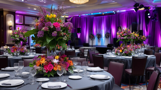 Luxury hotel ballroom prepared for International Womens Day gala features purple uplighting, round tables with floral centerpieces, and empty stage awaiting speakers, elegant event