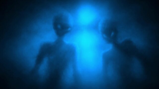 Creepy silhouettes of alien humanoids in beams of light. 2D animation in the sci-fi horror genre. Blue background. Looping video in VJ style. Eerie animated short film. A dark ghost in the haze.