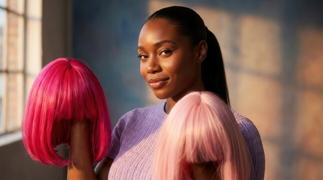 Young Black woman holding vibrant pink and light pink wigs, wearing a purple knit top. Personal style and hair transformation.