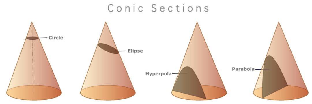 Conic sections circle, ellipse, parabola, hyperbola. Transparent solid cone cross section, colored slice, parts. Cutting from different angles. Geometry lesson. Vector illustration
