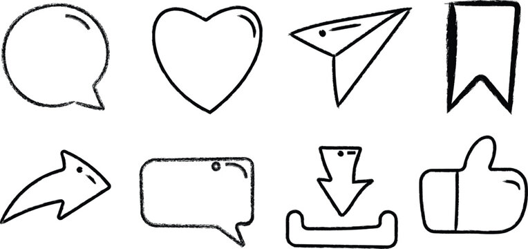 Doodle line Social media icon vector set include Thumbs up, repost, share, like Hand-drawn black line icon