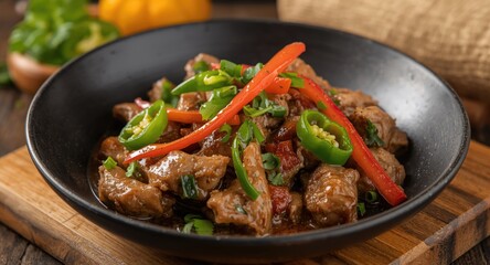 Fototapeta premium Hearty sautÃ©ed pork dish country style with vibrant green pepper hints