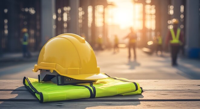 Yellow hard hat and high-visibility vest on wooden planks at construction site with workers in background at sunset with safety vest