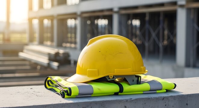 Yellow hard hat and reflective safety vest on a construction site at sunset with protective gear