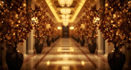 Obraz premium luxury hotel corridor with warm ambient bokeh and chocolate tree fruits