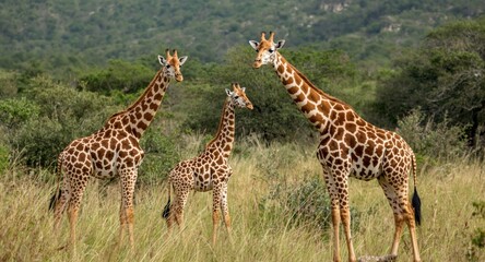 Fototapeta premium Cheerful giraffes exploring a natural wildlife grassland