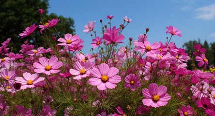 Fototapeta premium Radiant pink cosmos flowers flourishing richly in a summer garden surrounded by blue sky and copy space