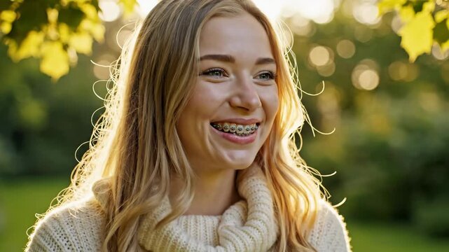 portrait of happy caucasian woman with braces smiling outdoors. blonde girl in knitted sweater in park with sunlight. dental care and orthodontics concept. health, beauty, autumn lifestyle.