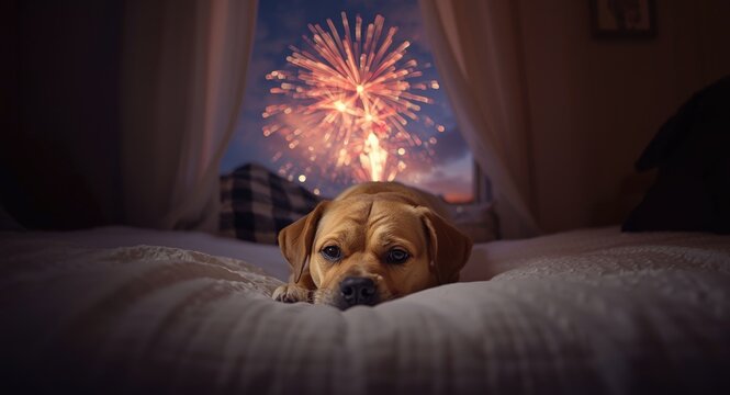 Focused shot of a trembling dog finding refuge under a bed with vibrant fireworks lighting the sky outside