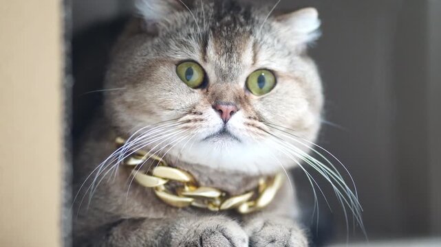 Chubby brown cat with green eyes and soft fur wearing thick gold chain collar, luxury feline pet animal indoors, Scottish fold with golden fur, chunky gold necklace, curious relaxed expression