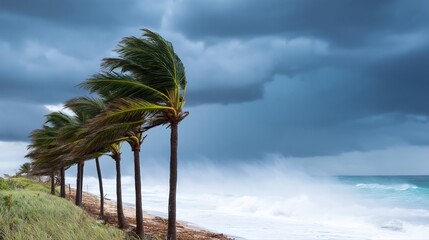 Obraz premium Powerful coastal hurricane lashes a beach with fierce winds and towering waves. Palm trees bend under dramatic storm clouds in this cinematic, photorealistic scene.