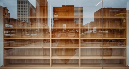 Obraz premium Empty wooden shelving unit with cityscape background in retail window