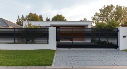 Obraz premium Minimalist modern fence and gate paired with a sleek house facade for property protection