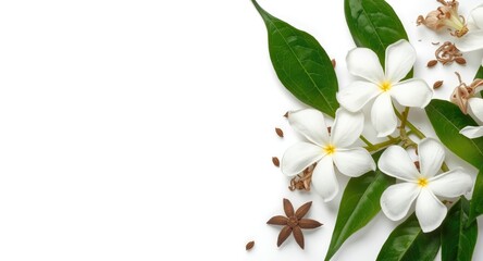 Obraz premium Floral and tea theme showing jasmine flowers alongside fresh green leaves on white backdrop