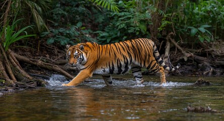 Fototapeta premium Malayan Tiger crossing shallow stream in coastal forest