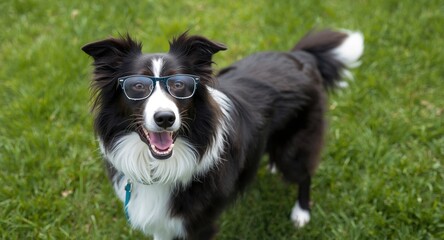 Fototapeta premium Playful Border Collie dog wearing glasses in a lively back to school green grass lawn portrait on a summer day