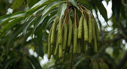 Fototapeta premium Close up of elongated seed pods hanging from the Worsboom tree branches with leaves