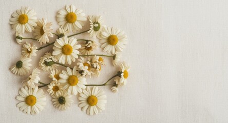 Obraz premium Calm composition of natural chamomile flowers drying on soft linen background with gentle earth tones and copy space