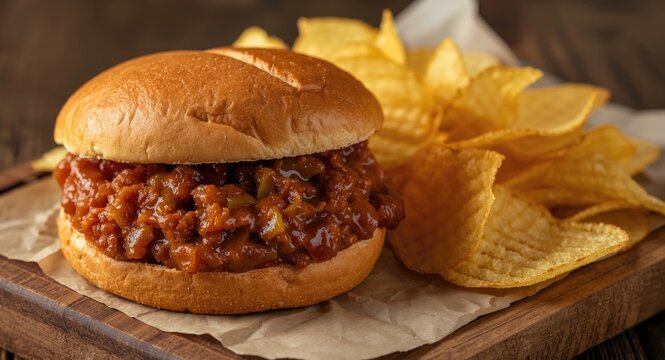 Savory sloppy joe sandwich matched with crispy chips for a mouthwatering BBQ experience