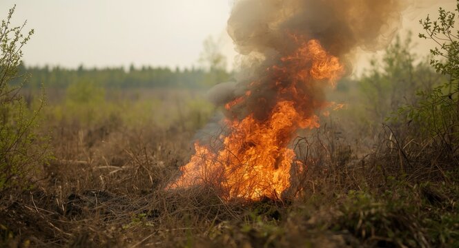 Human carelessness ignites large grass fire under windy spring weather affecting forest periphery