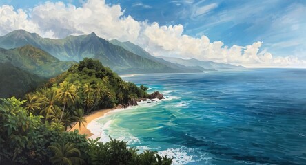 Fototapeta premium Painting illustrating a jungle coastline with lush hills in the background