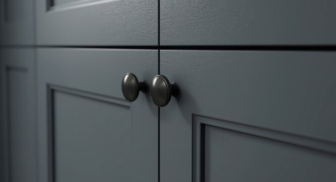 Newly fitted kitchen cupboard close up emphasizing elegant black knob details and modern style