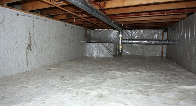 Energy saving crawl space encapsulation using thermal blankets and dimple board with visible radon mitigation pipes