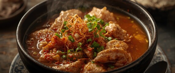 Fototapeta premium Hearty Korean budaejjigae stew with intense spicy seasoning