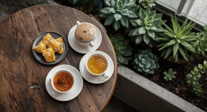 Enjoying Indonesian cireng and combro snacks with jasmine tea on a rustic wooden table beside a minimalist succulent garden