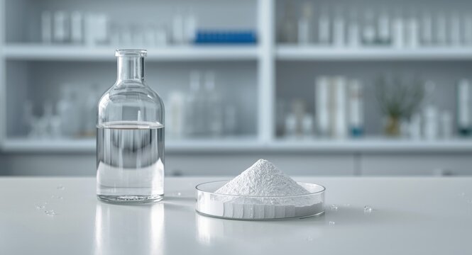 Petri dish holding white sodium metabisulfite powder paired with glass reagent bottle in laboratory environment