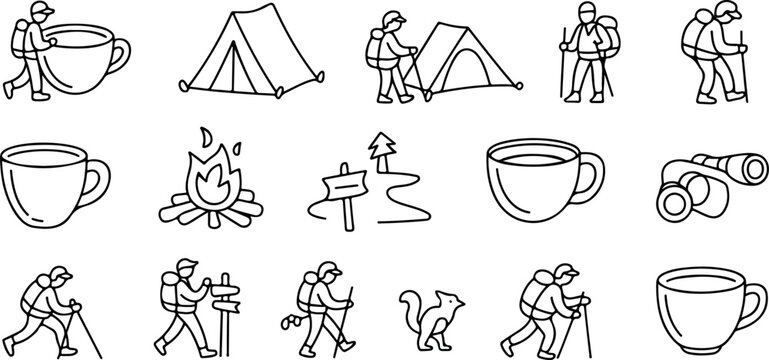 Camping and hiking icons set with tent campfire mug backpack and binoculars suitable for travel.