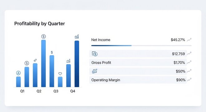 Quarterly business profitability report with bar and line chart growth analysis