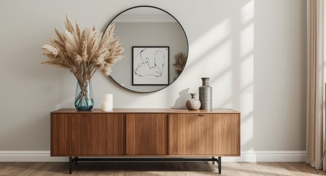 Modern interior living room with wooden console, dried flower display, candle accents, and mirror