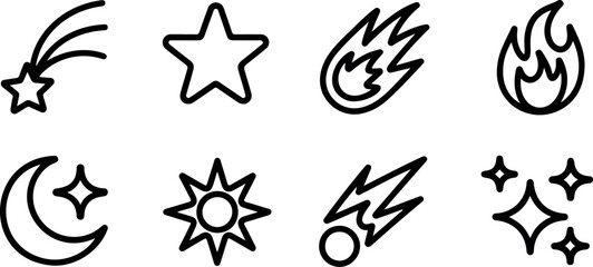 Celestial and fire icon set with shooting stars sun moon flame and meteor outline symbols for digital graphics. © Mst