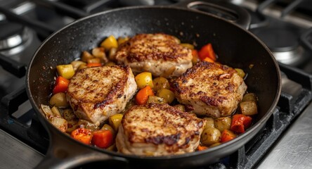 Fototapeta premium Skillet cooking of seasoned pork chops with vegetables on a gas burner