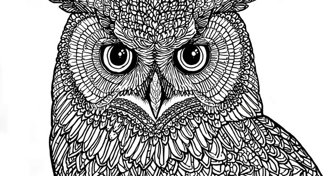 Intricate owl Zentangle art with decorative patterns for adult coloring and relaxation