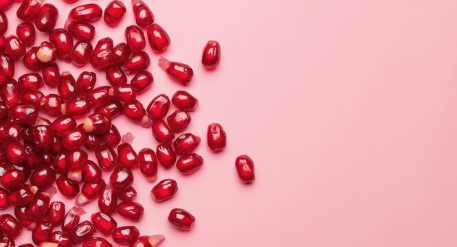 Close-up of red pomegranate arils spread on a gentle pink background with generous copy space
