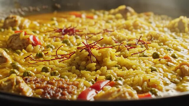 Sizzling Saffron Paella In Pan Golden Rice Studded With Chicken Peas And Red Pepper, Saffron Threads Glistening, Steam Rising From Simmering Broth, Rustic Lighting Highlights Texture And Aroma.
