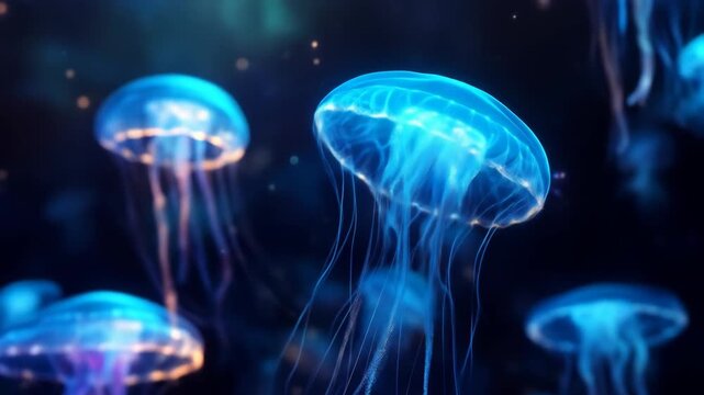 Glowing blue jellyfish swimming underwater in dark environment