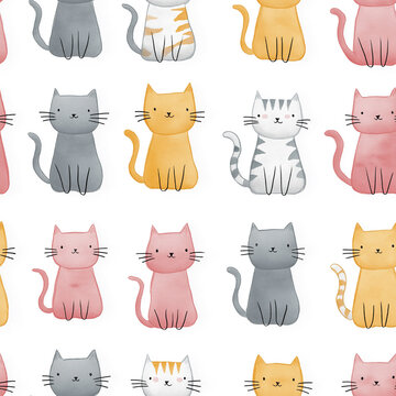 Seamless pattern, cute cartoon cats and kittens in a colorful seamless pattern, illustrating a playful and childlike watercolor style texture