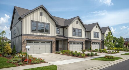 Obraz premium Newly finished family homes with modern facades and gardens in residential suburban area