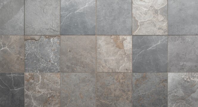 Patterned gray stone tile flooring with multiple texture and shape combinations