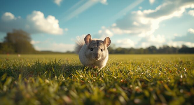 Merry chinchilla scampering across a full length scene of green grass lawn on summer day