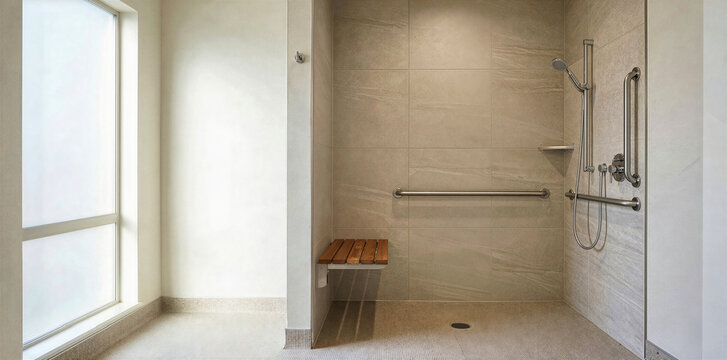 Modern accessible walk-in shower with wooden folding seat and stainless steel grab bars. ADA compliant bathroom interior for senior living, aging in place and disability safety.